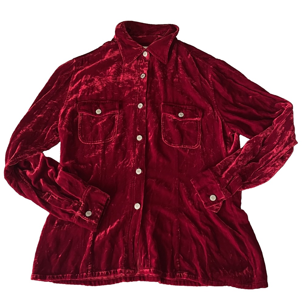 Gap 90s Vintage Red Silk Velvet Two‎ Pocket Button Down Long Sleeve Blouse